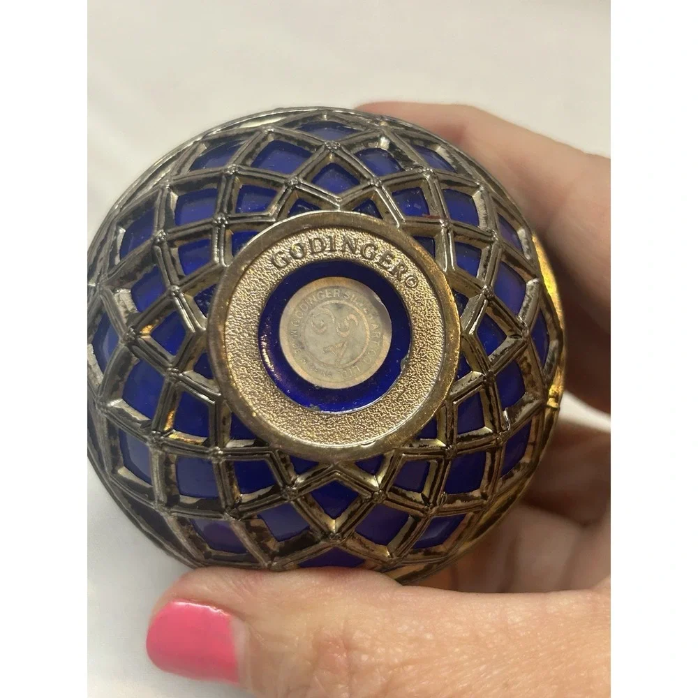 VTG Godinger Blue Glass Ball With Silver Overlay Candleholder
